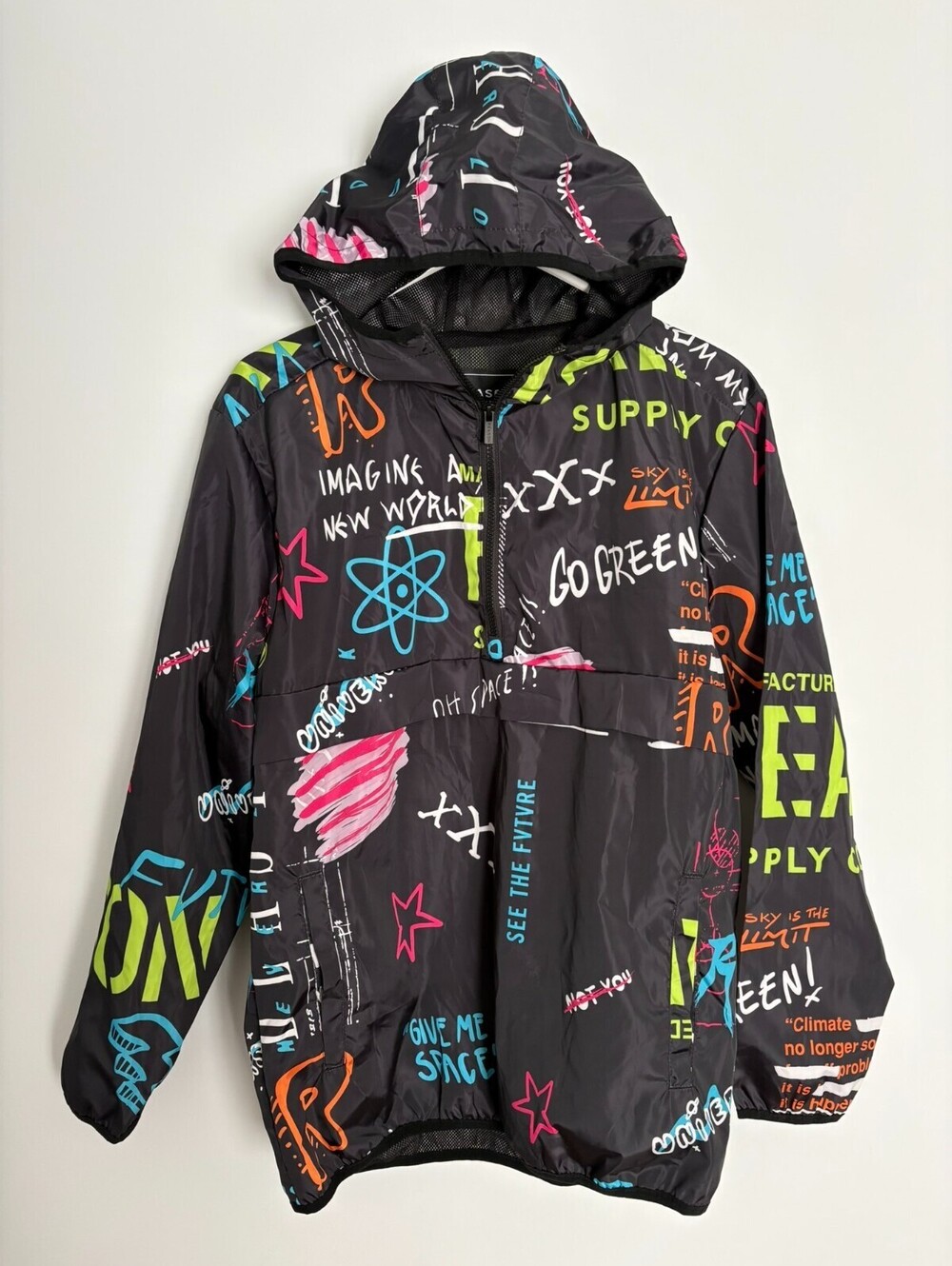 Reason Mens Windbreaker Half Zip Hooded Jacket Graffiti M Festival Streetwear